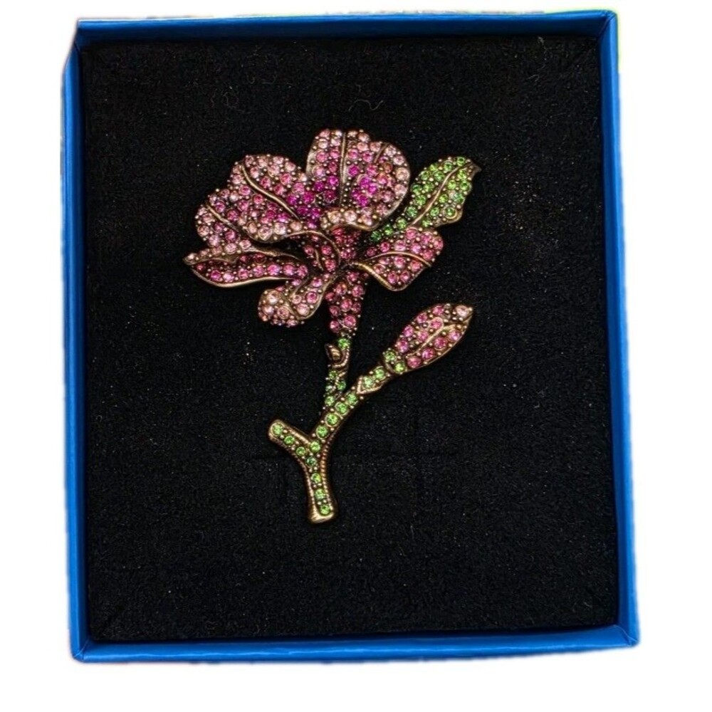 HEIDI DAUS Pink Crystal Flower Pin Brooch Signed Bronze Tone Metal With Box - Picture 6 of 6